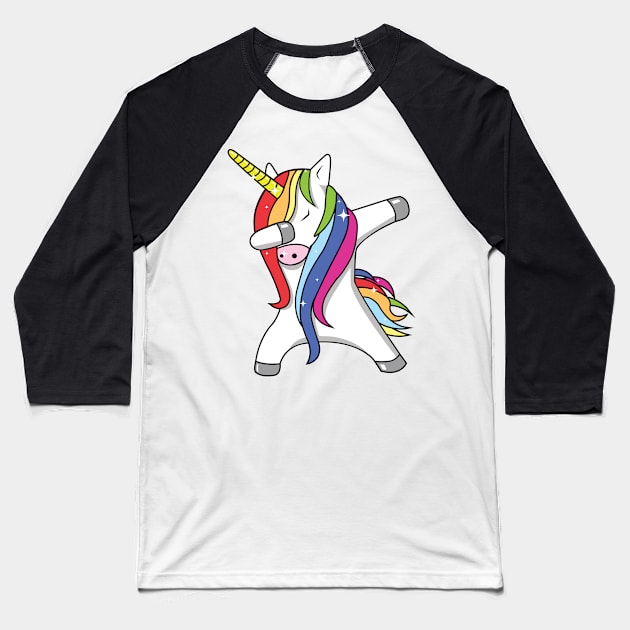 Rainbow Sparkle Dabbing Unicorn Baseball T-Shirt by ThisOnAShirt